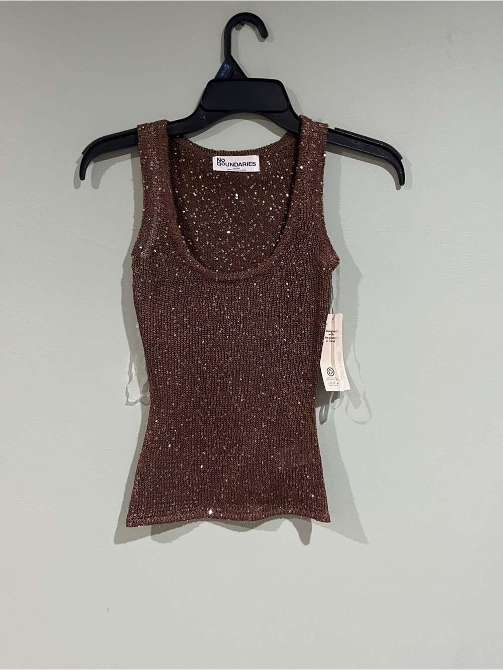 No Boundaries Brown Sequin Scoop Neck Ribbed Tank Top